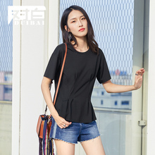 对白褶裥收腰T恤短袖女2018夏季新款基础打底衫简约黑色修身上衣图片