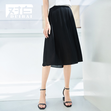 对白百褶雪纺中长款半身裙女2018夏季新款纯色简约时尚松紧腰裙子商品大图