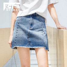 对白A字牛仔半身裙女夏季2018新款简约个性拼接毛边简约短裙子图片
