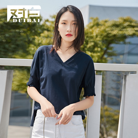 对白简约纯色V领短袖T恤女2018新款夏装松紧袖口宽松休闲打底上衣商品大图