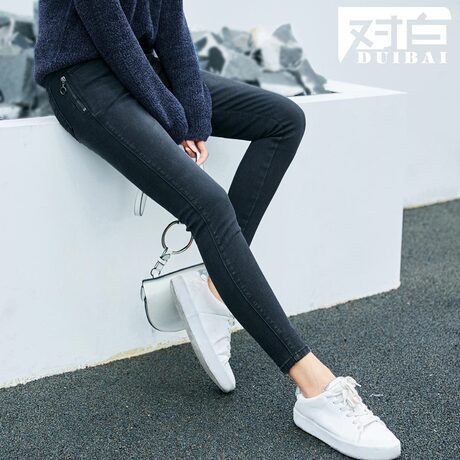 对白刺绣九分小脚牛仔裤女2018冬装新款个性简约棉质水洗铅笔裤Y商品大图