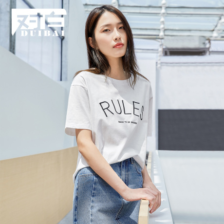 对白纯棉短袖T恤女2018夏季新款刺绣字母简约落肩袖白色上衣服商品大图
