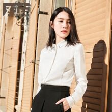 【杜鹃同款】对白2018秋季新款个性翻领雪纺衬衫女纯色长袖衬衣图片