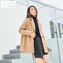 对白时尚简约驼色毛呢大衣2018冬季新款翻领长袖直筒呢子外套女Y图片