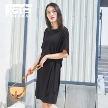 对白简约宽松黑色连衣裙女短袖2018夏装新款裙子个性不对称A字裙图片