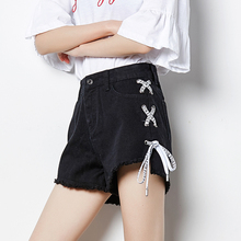 唐狮2018夏季新款牛仔短裤女韩版高腰黑色牛仔短裤女织带显瘦学生图片