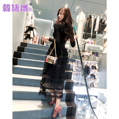 韩语琳秋冬新款女装2018韩版长袖裙子高腰针织连衣裙网纱拼接长裙商品大图