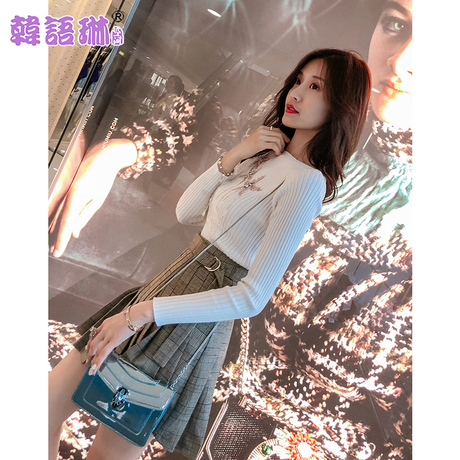 韩语琳针织衫2018秋冬新款女装韩版个性修身长袖毛衣白色套头上衣商品大图