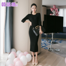 韩语琳空间2018新款女装韩版圆领修身显瘦长袖打底针织连衣裙图片