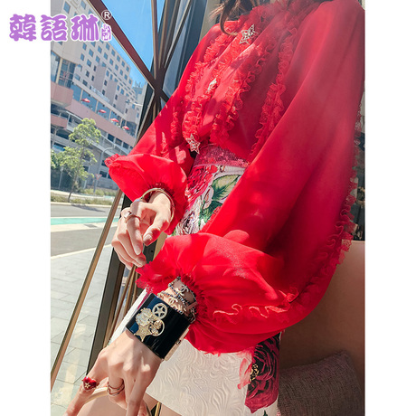 韩语琳秋冬2018新款女装衬衫韩版修身圆领灯笼袖衬衣红色长袖上衣商品大图