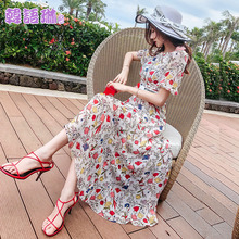 韩语琳裙子夏季2018新款女装韩版修身圆领短袖雪纺印花连衣裙长裙图片