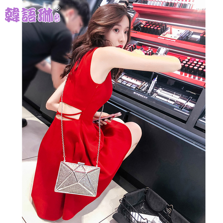 韩语琳女装裙子夏装2018新款韩版性感镂空红色修身无袖连衣裙短裙商品大图