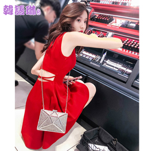 韩语琳女装裙子夏装2018新款韩版性感镂空红色修身无袖连衣裙短裙图片