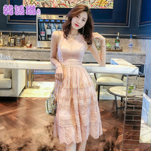 韩语琳蕾丝连衣裙女夏装2018新款女装韩版仙女修身无袖中长款裙子图片