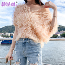 韩语琳夏装2018新款小衫女装韩版V领宽松网纱拼接显瘦短袖上衣女图片