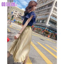 韩语琳裙子夏季新款2018韩版女装时尚高腰显瘦半身裙中长款百褶裙图片