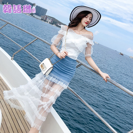 韩语琳裙子2018新款夏季女装高腰包臀显瘦网纱拼接长款半身裙长裙商品大图