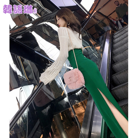 韩语琳女装新款裙子2018秋季韩版高腰修身半身裙开叉长裙包臀裙女商品大图