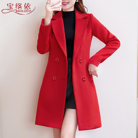 毛呢外套女中长款胖mm2018秋冬新款妮子大码女装本命年呢子大衣红商品大图