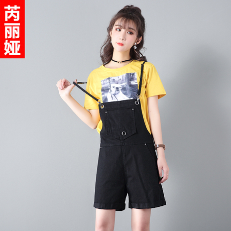 芮丽娅牛仔短裤女韩版夏2018新款chic背带显瘦阔腿卷边学生三分裤商品大图