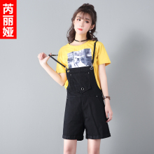 芮丽娅牛仔短裤女韩版夏2018新款chic背带显瘦阔腿卷边学生三分裤图片
