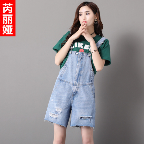 芮丽娅牛仔短裤女破洞夏2018新款显瘦毛边背带裤chic宽松ins热裤商品大图