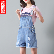 芮丽娅背带裤女2018新款夏可爱软妹牛仔破洞显瘦韩版宽松阔腿短裤图片