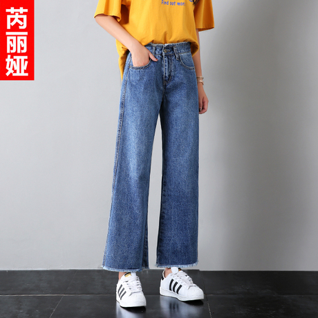 芮丽娅牛仔裤女学生阔腿夏2018新款韩版bf宽松微喇chic毛边九分裤商品大图