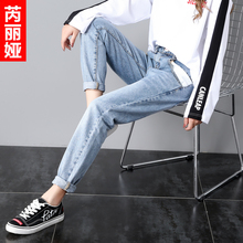 芮丽娅牛仔裤女秋季2018新款宽松韩版休闲显瘦个性拼接九分直筒裤图片