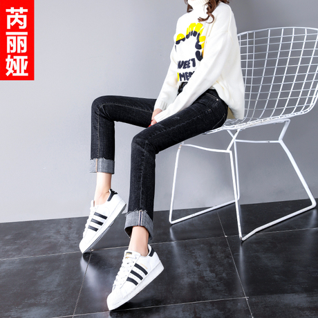 芮丽娅黑色牛仔裤女春秋2018新款翻边韩版高腰提臀显瘦九分直筒裤商品大图