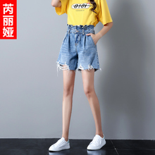 芮丽娅牛仔短裤女chic夏2018新款破洞荷叶边高腰显瘦韩版时尚热裤图片