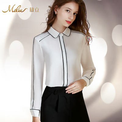 Mulee/慕立夏季真丝衬衫女长袖中长款显瘦桑蚕丝职业休闲女装上衣