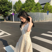 甜美新款 吊带连衣裙女夏韩版 超仙气质V领露背蕾丝打底温柔仙女裙