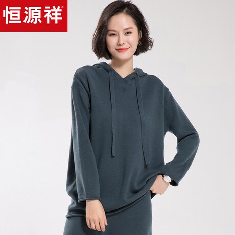 恒源祥秋冬纯羊毛衫女连帽宽松卫衣套头针织帽衫纯色抽绳厚款毛衣商品大图