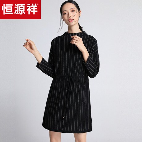 恒源祥羊毛衫女针织衫半高领竖条纹毛衣裙2018秋冬款中长款打底衫商品大图