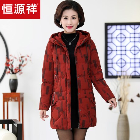 恒源祥中老年羽绒服保暖加厚女不规则图案抽绳连帽直筒冬季外套商品大图