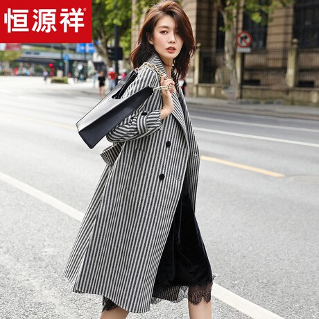 恒源祥呢子大衣女2018秋冬装新款双排扣中长款风衣竖条纹毛呢外套商品大图