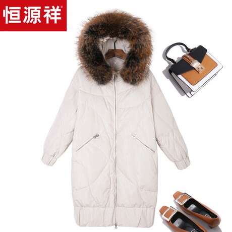 恒源祥白鹅绒保暖大衣女冬季中长款茧型羽绒服宽松大毛领连帽外套商品大图