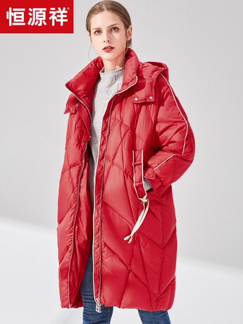 恒源祥连帽羽绒服女中长款冬装面包服及膝纯色外套白鸭绒茧型大衣商品大图