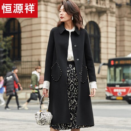 恒源祥2018冬季黑色宽松纯羊毛呢子大衣女中长款毛呢大衣外套铆钉商品大图