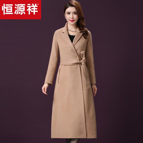恒源祥秋冬双面呢大衣女中长款复古修身斜纹毛呢外套系带收腰风衣商品大图