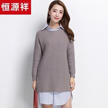 恒源祥羊毛衫女圆领秋冬纯羊毛中长款粗毛线针织衫插肩袖厚毛衣女图片