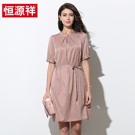 恒源祥2019新款春夏真丝中长款连衣裙女士桑蚕丝收腰显瘦裙子商品大图
