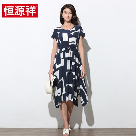 恒源祥2019春夏新款连衣裙女真丝中长款圆领桑蚕丝宽松腰裙子商品大图