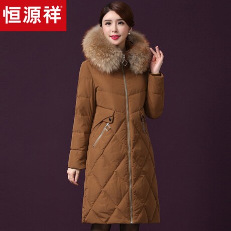 恒源祥长款羽绒服纯色貉子毛领保暖冬季外套女菱格纹拉链口袋大衣商品大图