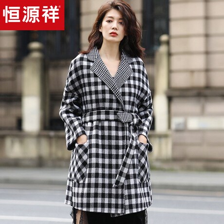 恒源祥复古格纹毛呢外套女2018秋冬中长款宽松黑白格大衣系带收腰商品大图