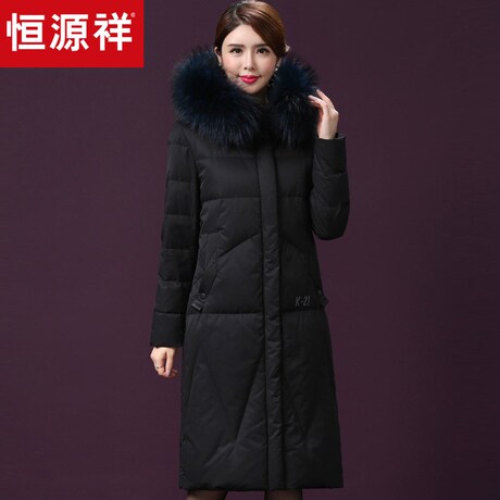 恒源祥长款羽绒服女装冬保暖貉子毛领休闲字母拉链暗扣口袋外套女商品大图