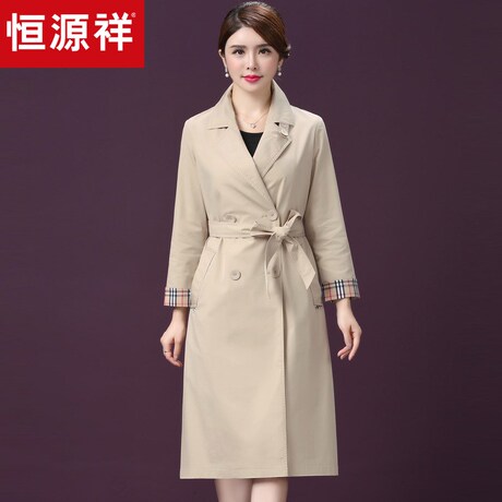 恒源祥2018新款秋装修身显瘦气质双排扣收腰纯色中长款女风衣外套商品大图
