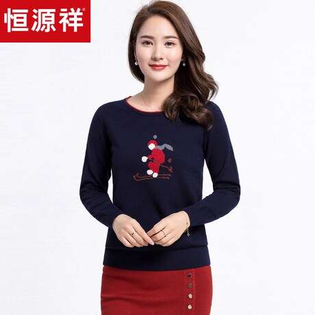 恒源祥羊毛衫女圆领套头秋冬纯羊毛中年针织衫嵌花图案打底毛衣女商品大图
