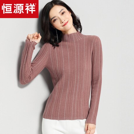 恒源祥半高领修身竖条纹秋冬毛衣女2018纯羊毛针织衫 套头打底衫商品大图
